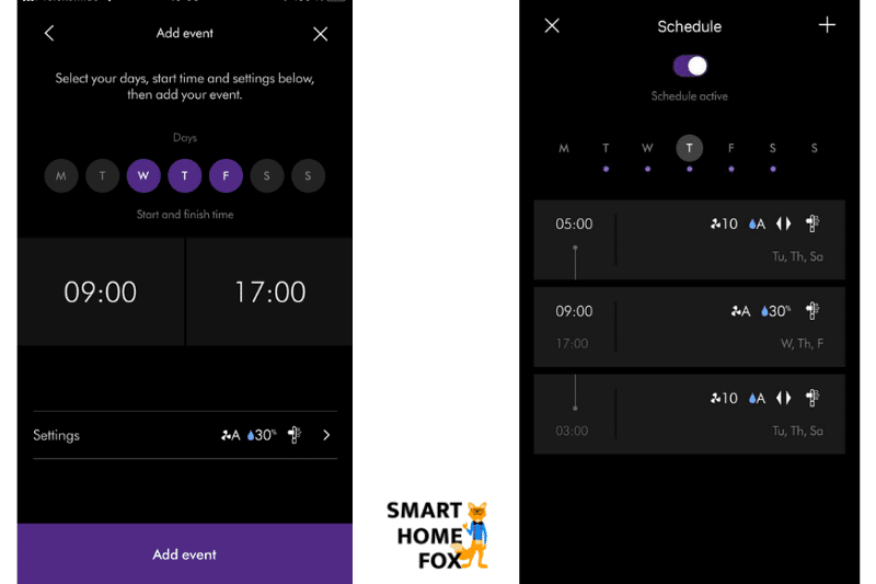 Планирование таймера с указанием дня недели, времени и функции очистителя воздуха в приложении Dyson Link.